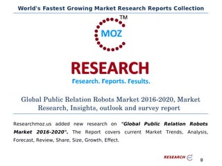 Global Public Relation Robots Market 2016­2020, Market
Research, Insights, outlook and survey report
Researchmoz.us added new research on "Global Public Relation Robots
Market 2016-2020". The Report covers current Market Trends, Analysis,
Forecast, Review, Share, Size, Growth, Effect.
0
 