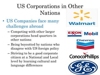 US Corporations in Other
Nations
• US Companies face many
challenges abroad
– Competing with other larger
corporations head quarters in
other nations
– Being boycotted by nations who
disagree with US foreign policy
– Striving to be a good corporate
citizen at a National and Local
level by learning cultural and
language differences
 