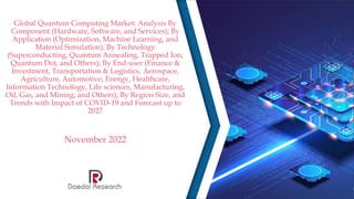 Global Quantum Computing Market: Analysis By
Component (Hardware, Software, and Services); By
Application (Optimization, Machine Learning, and
Material Simulation); By Technology
(Superconducting, Quantum Annealing, Trapped Ion,
Quantum Dot, and Others); By End-user (Finance &
Investment, Transportation & Logistics, Aerospace,
Agriculture, Automotive, Energy, Healthcare,
Information Technology, Life sciences, Manufacturing,
Oil, Gas, and Mining, and Others); By Region Size, and
Trends with Impact of COVID-19 and Forecast up to
2027
November 2022
 