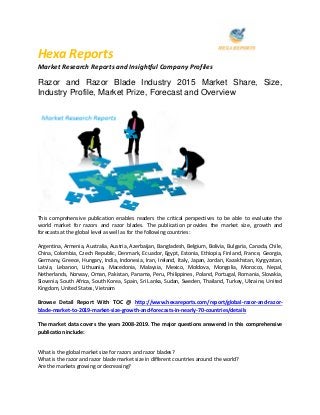 Hexa Reports
Market Research Reports and Insightful Company Profiles
Razor and Razor Blade Industry 2015 Market Share, Size,
Industry Profile, Market Prize, Forecast and Overview
This comprehensive publication enables readers the critical perspectives to be able to evaluate the
world market for razors and razor blades. The publication provides the market size, growth and
forecasts at the global level as well as for the following countries:
Argentina, Armenia, Australia, Austria, Azerbaijan, Bangladesh, Belgium, Bolivia, Bulgaria, Canada, Chile,
China, Colombia, Czech Republic, Denmark, Ecuador, Egypt, Estonia, Ethiopia, Finland, France, Georgia,
Germany, Greece, Hungary, India, Indonesia, Iran, Ireland, Italy, Japan, Jordan, Kazakhstan, Kyrgyzstan,
Latvia, Lebanon, Lithuania, Macedonia, Malaysia, Mexico, Moldova, Mongolia, Morocco, Nepal,
Netherlands, Norway, Oman, Pakistan, Panama, Peru, Philippines, Poland, Portugal, Romania, Slovakia,
Slovenia, South Africa, South Korea, Spain, Sri Lanka, Sudan, Sweden, Thailand, Turkey, Ukraine, United
Kingdom, United States, Vietnam
Browse Detail Report With TOC @ http://www.hexareports.com/report/global-razor-and-razor-
blade-market-to-2019-market-size-growth-and-forecasts-in-nearly-70-countries/details
The market data covers the years 2008-2019. The major questions answered in this comprehensive
publication include:
What is the global market size for razors and razor blades?
What is the razor and razor blade market size in different countries around the world?
Are the markets growing or decreasing?
 