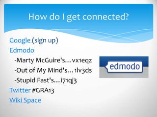 Google (sign up)
Edmodo
-Marty McGuire's…vx1eqz
-Out of My Mind's…1lv3ds
-Stupid Fast's…i71qj3
Twitter #GRA13
Wiki Space
How do I get connected?
 
