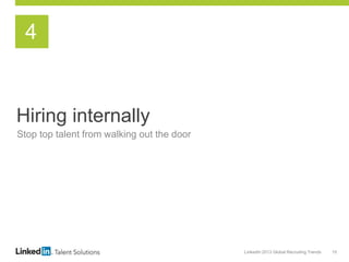 LinkedIn 2013 Global Recruiting Trends 15
Hiring internally
Stop top talent from walking out the door
4
 