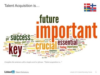 LinkedIn 2013 Global Recruiting Trends 19
Talent Acquisition is…
Complete the sentence with a single word or phrase: "Talent acquisition is..."
 