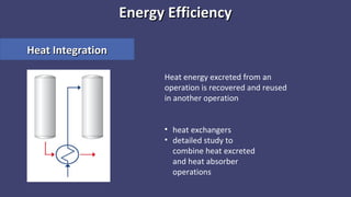 Energy EfficiencyEnergy Efficiency
Heat IntegrationHeat Integration
• heat exchangers
• detailed study to
combine heat excreted
and heat absorber
operations
Heat energy excreted from an
operation is recovered and reused
in another operation
 