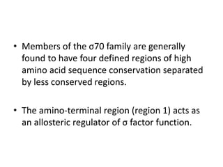 • Members of the σ70 family are generally
found to have four defined regions of high
amino acid sequence conservation separated
by less conserved regions.
• The amino-terminal region (region 1) acts as
an allosteric regulator of σ factor function.
 