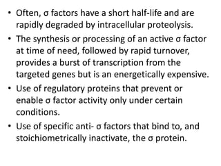 • Often, σ factors have a short half-life and are
rapidly degraded by intracellular proteolysis.
• The synthesis or processing of an active σ factor
at time of need, followed by rapid turnover,
provides a burst of transcription from the
targeted genes but is an energetically expensive.
• Use of regulatory proteins that prevent or
enable σ factor activity only under certain
conditions.
• Use of specific anti- σ factors that bind to, and
stoichiometrically inactivate, the σ protein.
 