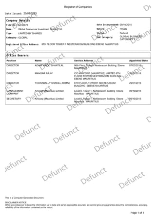 Registrar of Companies
20/01/2023
Date Issued:
Company Details
Date Incorporated:
Nature:
GLOBAL BUSINESS
CATEGORY 1
Sub Category:
Status:
09/10/2015
Private
Defunct
File No.:
Name:
C133679
Global Resources Investment Holding Ltd.
Type:
Category:
LIMITED BY SHARES
GLOBAL
Registered Office Address: 6TH FLOOR TOWER 1 NEXTERACOM BUILDING EBENE MAURITIUS
Office Bearers
Position Name Service Address Appointed Date
DIRECTOR ADANI VINOD SHANTILAL 06th Floor, Tower I Nexteracom Building Ebene
MAURITIUS
07/03/2016
DIRECTOR MANGAR RAJIV C/O AMICORP (MAURITIUS) LIMITED 6TH
FLOOR TOWER NEXTERACOM BUIDLING
EBENE MAURITIUS
30/01/2018
DIRECTOR TOORABALLY SHAKILL AHMAD 6TH FLOOR,TOWER1 NEXTERACOM
BUILDING EBENE MAURITIUS
29/01/2016
MANAGEMENT
COMPANY
Amicorp (Mauritius) Limited Level 6, Tower 1, NeXteracom Building Ebene
Mauritius MAURITIUS
09/10/2015
SECRETARY Amicorp (Mauritius) Limited Level 6, Tower 1, NeXteracom Building Ebene
Mauritius MAURITIUS
09/10/2015
of 1
Page 1
DISCLAIMER NOTICE
While we endeavour to keep the information up to date and as far as possible accurate, we cannot give any guarantee about the completeness, accuracy,
reliability of the information contained on the report.
This is a Computer Generated Document.
 