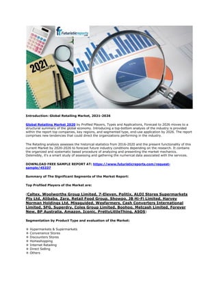 Introduction: Global Retailing Market, 2021-2026
Global Retailing Market 2020 by Profiled Players, Types and Applications, Forecast to 2026 moves to a
structural summary of the global economy. Introducing a top-bottom analysis of the industry is provided
within the report top companies, key regions, and segmented type, end-use application by 2026. The report
comprises new tendencies that could direct the organizations performing in the industry.
The Retailing analysis assesses the historical statistics from 2016-2020 and the present functionality of this
current Market by 2020-2026 to forecast future industry conditions depending on the research. It contains
the organized and systematic based procedure of analyzing and presenting the market mechanics.
Ostensibly, it's a smart study of assessing and gathering the numerical data associated with the services.
DOWNLOAD FREE SAMPLE REPORT AT: https://www.futuristicreports.com/request-
sample/45337
Summary of The Significant Segments of the Market Report:
Top Profiled Players of the Market are:
(Caltex, Woolworths Group Limited, 7-Eleven, Politix, ALDI Stores Supermarkets
Pty Ltd, Alibaba, Zara, Retail Food Group, Showpo, JB Hi-Fi Limited, Harvey
Norman Holdings Ltd, Missguided, Wesfarmers, Cash Converters International
Limited, SFG, Superdry, Coles Group Limited, Boohoo, Metcash Limited, Forever
New, BP Australia, Amazon, Iconic, PrettyLittleThing, ASOS)
Segmentation by Product Type and evaluation of the Market:
✼ Hypermarkets & Supermarkets
✼ Convenience Stores
✼ Discounters Stores
✼ Homeshopping
✼ Internet Retailing
✼ Direct Selling
✼ Others
 