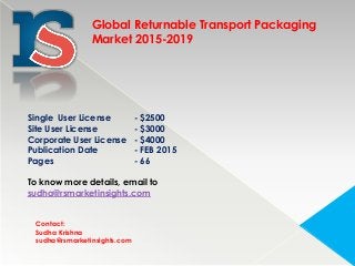Contact:
Sudha Krishna
sudha@rsmarketinsights.com
Global Returnable Transport Packaging
Market 2015-2019
Single User License - $2500
Site User License - $3000
Corporate User License - $4000
Publication Date - FEB 2015
Pages - 66
To know more details, email to
sudha@rsmarketinsights.com
 