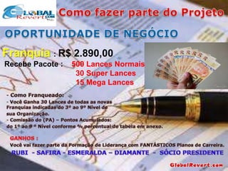 Franquia : R$ 2.890,00
Recebe Pacote :

500 Lances Normais
30 Super Lances
15 Mega Lances

 