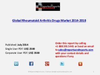 Global Rheumatoid Arthritis Drugs Market 2014-2018
Published: July 2014
Single User PDF: US$ 2500
Corporate User PDF: US$ 3500
Order this report by calling
+1 888 391 5441 or Send an email
to sales@reportsandreports.com
with your contact details and
questions if any.
1© ReportsnReports.com / Contact sales@reportsandreports.com
 