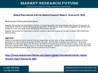 Global Rheumatoid arthritis Market Research Report- Forecast To 2022
Market Synopsis of Rheumatoid Arthritis Market:
Globally the market for rheumatoid arthritis is increasing rapidly. The major factor that derives the growth of
rheumatoid arthritis is the increasing aging population. Furthermore some evidence suggests that people who
smoke are at an increased risk of developing rheumatoid arthritis.
Globally the market for rheumatoid arthritis market is expected to grow at the rate of about XX% CAGR from
2016 to 2022.
Segments:
Global rheumatoid arthritis market has been segmented on the basis of drug type which comprises of Non-
steroidal anti-inflammatory drug type (NSAID), Steroids, and Disease-modifying anti-rheumatic drug type
(DMARDs) and Biologic agents. On the basis of treatment include Synovectomy, Tendon repair, Joint fusion and
Total joint replacement. Furthermore on the basis of diagnosis includes C - reactive protein (CRP) Test, CCP, ESR
(Erythrocyte Sedimentation Rate) Test and Synovial Fluid Analysis.
https://www.marketresearchfuture.com/reports/global-rheumatoid-arthritis-market-
research-report-forecast-to-2022
 