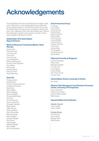 57Global Risks 2014
Acknowledgements
The Global Risks 2014 report synthesizes the insights, ideas
and contributions of many individuals through workshops,
group calls and research. The World Economic Forum and
the Global Risks 2014 report team is grateful to all who took
part in the challenge to think hard about global risks. Without
their dedication, guidance and support, it would not have
been possible to develop this report.
Global Risks 2014, Ninth Edition
Report Partners1
Marsh & McLennan Companies (Marsh, Oliver
Wyman)
Daniel Abell
Francois Austin
Jerry Cacciotti
John Drzik
Jason Groves
Lucy Nottingham
Roland Rechtsteiner
Richard Smith-Bingham
Terry Stone
Nick Studer
Davide Taliente
Emily Thornton
Alex Wittenberg
Swiss Re
Philippe Brahin
David Bresch
Iordanis Chatziprodromou
Josephine Chennell
David Cole
Rainer Egloff
Beat Habegger
Jerome Haegeli
Richard Mark Heard
Kurt Karl
Urs Leimbacher
Tauno Loertscher
Christoph Nabholz
Meret Reifler
Gilles Renouil
Oliver Schelske
Reto Schnarwiler
Reto Schneider
Matt Singleton
Andreas Spiegel
Rolf Tanner
Kaja Voegele
Stefanie Weigelt
Bernd Wilke
Simon Woodward
Zurich Insurance Group
Lori Bailey
Larry Collins
Linda Conrad
Daniel Eherer
Daniel Hofmann
Benno Keller
Axel Lehmann
James Moffatt
Lindene Patton
Gregory Renand
John Scott
James Shira
Tim Stapleton
Andrea Stuermer
Steve Wilson
National University of Singapore
Caroline Brassard
Oliver Chen
Michael Douglass
Ho Teck Hua
Jussi Keppo
Lutfey Siddiqi
Tan Chorh Chuan
Tay Lee Teng
Oxford Martin School, University of Oxford
Ian Goldin
Wharton Risk Management and Decision Processes
Center, University of Pennsylvania
Karen Campbell
Howard Kunreuther
Erwann Michel-Kerjan
Mike Useem
Special Additional Contributors
Atlantic Council
Jason Healey
Jason Thelen
Eurasia Group
Ian Bremmer
Larry Cristini
Michael Sard
Willis Sparks
 