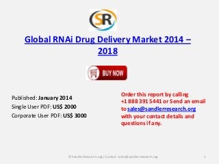 Global RNAi Drug Delivery Market 2014 –
2018

Published: January 2014
Single User PDF: US$ 2000
Corporate User PDF: US$ 3000

Order this report by calling
+1 888 391 5441 or Send an email
to sales@sandlerresearch.org
with your contact details and
questions if any.

© SandlerResearch.org/ Contact sales@sandlerresearch.org

1

 
