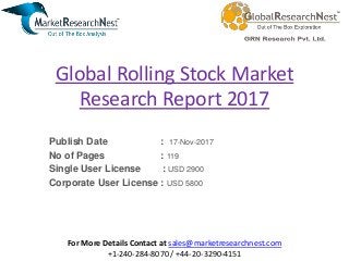 Global Rolling Stock Market
Research Report 2017
Publish Date : 17-Nov-2017
No of Pages : 119
Single User License : USD 2900
Corporate User License : USD 5800
For More Details Contact at sales@marketresearchnest.com
+1-240-284-8070 / +44-20-3290-4151
 
