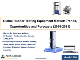 (c) AZOTH Analytics
March 2016
Global Rubber Testing Equipment Market: Trends,
Opportunities and Forecasts (2016-2021)
• Market By Value and Volume
• By Region - North America, Europe,
APAC, RoW
• By Country- Romania, Poland, Turkey,
India, Japan, China, Korea, Malaysia,
Pakistan, Thailand, Russia; Company
Analysis
 