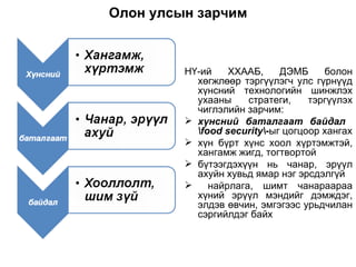 Олон улсын зарчим НҮ-ий ХХААБ, ДЭМБ болон хөгжлөөр тэргүүлэгч улс гүрнүүд хүнсний технологийн шинжлэх ухааны стратеги, тэргүүлэх чиглэлийн зарчим: хүнсний баталгаат байдал  \ food security\ - ыг цогцоор хангах хүн бүрт хүнс хоол хүртэмжтэй, хангамж жигд, тогтвортой бүтээгдэхүүн нь чанар, эрүүл ахуйн хувьд ямар нэг эрсдэлгүй найрлага, шимт чанараараа хүний эрүүл мэндийг дэмждэг, элдэв өвчин, эмгэгээс урьдчилан сэргийлдэг байх 