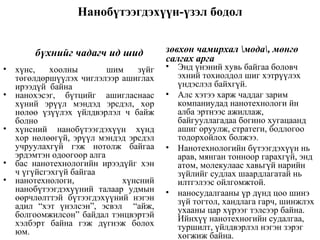 Нанобүтээгдэхүүн-үзэл бодол бүхнийг чадагч ид шид хүнс, хоолны  шим зүйг төгөлдөршүүлэх чиглэлээр ашиглах ирээдүй  байна нанохэсэг, бүтцийг ашигласнаас хүний эрүүл мэндэд эрсдэл, хор нөлөө үзүүлэх үйлдвэрлэл ч байж болно  хүнсний нанобүтээгдэхүүн хүнд хор нөлөөгүй, эрүүл мэндэд эрсдэл учруулахгүй гэж нотолж байгаа эрдэмтэн одоогоор алга  бас нанотехнологийн ирээдүйг хэн ч үгүйсгэхгүй байгаа  нанотехнологи, хүнсний нанобүтээгдэхүүний талаар удмын өөрчлөлттэй бүтээгдэхүүний нэгэн адил “хэт үнэлсэн”, эсвэл  “айж, болгоомжилсон” байдал тэнцвэртэй хэлбэрт байна гэж дүгнэж болох юм. зөвхөн чамирхал \мода\, мөнгө салгах арга Энд үнэний хувь байгаа боловч эхний тохиолдол шиг хэтрүүлэх үндэслэл байхгүй.  Алс хэтээ харж чаддаг зарим компаниудад нанотехнологи йн алба эртнээс ажиллаж, байгууллагадаа богино хугацаанд ашиг оруулж, стратеги, бодлогоо тодорхойлох болжээ.  Нанотехнологийн бүтээгдэхүүн нь арав, мянган тонноор гарахгүй, энд атом, молекулаас хавьгүй нарийн зүйлийг судлах шаардлагатай нь илтгэлээс ойлгомжтой.  наносудалгааны үр дүнд цоо шинэ зүй тогтол, хандлага гарч, шинжлэх ухааны цар хүрээг тэлсээр байна. Ийнхүү нанотехногийн судалгаа, туршилт, үйлдвэрлэл нэгэн зэрэг  хөгжиж байна. 