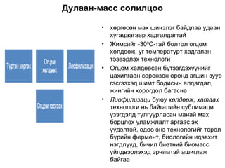 Дулаан-масс солилцоо хөргөсөн мах шинэлэг байдлаа удаан хугацаагаар хадгалдагтай Жимсийг -30 0 С-тай болтол огцом хөлдөөж, уг температурт хадгалан тээвэрлэх технологи Огцом хөлдөөсөн бүтээгдэхүүнийг цахилгаан соронзон оронд агшин зуур гэсгээхэд шимт бодисын алдагдал, жингийн хорогдол багасна Лиофилизаци  буюу  хөлдөөж, хатаах  технологи нь байгалийн сублимаци үзэгдэлд тулгуурласан манай мах борцлох уламжлалт аргаас эх үүдэлтэй, одоо энэ технологийг төрөл бүрийн фермент, биологийн идэвхит нэгдлүүд, бичил биетний биомасс үйлдвэрлэхэд эрчимтэй ашиглаж байгаа 