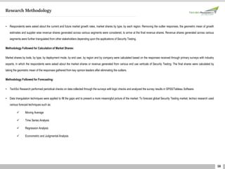 16
Research Methodology
• Respondents were asked about the current and future market growth rates, market shares by type, by each region. Removing the outlier responses, the geometric mean of growth
estimates and supplier wise revenue shares generated across various segments were considered, to arrive at the final revenue shares. Revenue shares generated across various
segments were further triangulated from other stakeholders depending upon the applications of Security Testing.
Methodology Followed for Calculation of Market Shares:
Market shares by tools, by type, by deployment mode, by end user, by region and by company were calculated based on the responses received through primary surveys with industry
experts, in which the respondents were asked about the market shares or revenue generated from various end use verticals of Security Testing. The final shares were calculated by
taking the geometric mean of the responses gathered from key opinion leaders after eliminating the outliers.
Methodology Followed for Forecasting:
• TechSci Research performed periodical checks on data collected through the surveys with logic checks and analyzed the survey results in SPSS/Tableau Software.
• Data triangulation techniques were applied to fill the gaps and to present a more meaningful picture of the market. To forecast global Security Testing market, techsci research used
various forecast techniques such as:
 Moving Average
 Time Series Analysis
 Regression Analysis
 Econometric and Judgmental Analysis
 