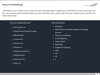 17
Research Methodology
TechSci Research used its own forecast tool, which is based on the growth of various allied industries in respective regions. TechSci Research also used the impact analysis during
short, medium and long term period to estimate the demand and to reach accurate market numbers. It should be noted that the figures compiled are only for the organized market
including market share data.
Partial List of Companies Interviewed Key Secondary Sources
 Cisco Systems, Inc.
 Hewlett Packard Enterprise Company
 IBM Corporation
 Accenture PLC
 Checkmarx Ltd.
 Veracode, Inc.
 Applause App Quality, Inc.
 WhiteHat Security
 Intertek Group Plc.
 Qualys, Inc.
 World Bank
 TechSci Research Proprietary Database & Knowledge
Repository
 Company Annual Reports
 Industry Magazines
 Industry Reports
 News Dailies
 Credible Paid Databases
 XXXX
 XXX
 XX
 X
 