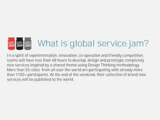 What is global service jam?
In a spirit of experimentation, innovation, co-operation and friendly competition,
teams will have less than 48 hours to develop, design and prototype completely
new services inspired by a shared theme using Design Thinking methodology.
More than 55 cities from all over the world are participating with already more
than 1100+ participants. At the end of the weekend, their collection of brand new
services will be published to the world.
 