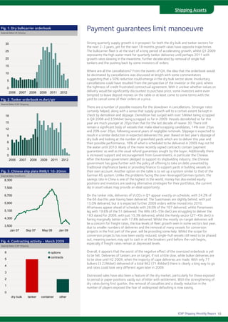 ICAP Shipping Monthly Report
Shipping Assets
Strong quarterly supply growth is in prospect for both the dry bulk and tanker sectors for
the next 2-3 years, yet for the next 18 months growth rates have opposite trajectories.
The bulkcarrier fleet is at the start of a long period of accelerating growth, whilst Q1 2009
represents the high water mark for quarterly tanker deliveries until perhaps 2011 with
growth rates slowing in the meantime, further decelerated by removal of single hull
tankers and the pushing back by some investors of orders.
Where are all the cancellations? From the events of Q4, the idea that the orderbook would
be decimated by cancellations was discussed at length with some commentators
suggesting that a 50% reduction could emerge in the dry bulk sector alone. Involuntary
cancellations could have resulted from the perspective of the investor or the yard, where
the tightness of credit frustrated contractual agreement. With it unclear whether values on
delivery would be significantly discounted to purchase price, some investors were even
tempted to leave deposit monies on the table or at least come to some terms with the
yard to cancel some of their orders at a price.
There are a number of possible reasons for the slowdown in cancellations. Stronger rates
certainly helped, along with a sense that supply growth will to a certain extent be kept in
check by demolition and slippage. Demolition has surged with over 5Mdwt being scrapped
in Q4 2008 and 3.5Mdwt being scrapped so far in 2009. Vessels demolished so far this
year are much younger at 20yo than that for the last decade of nearer 30. There still
remain a significant body of vessels that make ideal scrapping candidates, 14% over 25yo
and 20% over 20yo, following several years of negligible removals. Slippage is expected to
result in a similar deduction in expected deliveries this year. Based on last year’s slippage of
dry bulk and looking at the number of greenfield yards which are to deliver this year and
their possible performance, 16% of what is scheduled to be delivered in 2009 may not hit
the water until 2010. Many of the more recently signed contracts contain ‘payment
guarantees’ as well as the usual refund guarantees sought by the buyer. Additionally there
is increased support and encouragement from Governments, in particular the Chinese.
After the Korean government pledged to support its shipbuilding industry, the Chinese
government has gone further with the policy of offering to take on debt unwanted by
traditional shipfinance banks or providing finance to support yards in building vessels on
their own account. Another option on the table is to set up a system similar to that of the
German KG system. Unlike the problems facing the over-leveraged German system, the
savings rate in China is one of the highest in the world, money has also exited equity
positions and investors are seeking alternative strategies for their portfolios, the current
dip in asset values may provide an ideal opportunity.
On the tanker side, deliveries of VLCCs in Q1 appear exactly on schedule, with 24.2% of
the 66 due this year having been delivered. The Suezmaxes are slightly behind, with just
15.0% delivered, but it is expected further 2009 orders will be moved into 2010.
Aframaxes appear ahead of schedule with 28.0% of the 107 delivered, whilst Panamaxes
lag with 19.6% of the 51 delivered. The MRs (45-55k dwt) are struggling to deliver the
183 slated for 2009, with just 15.3% delivered, whilst the Handy sector (27-45k dwt) is
fairing marginally better with 17.8% delivered. Whilst the mostly on-target deliveries will
be a concern for freight rates, the low levels of fleet growth seen in some sectors last year,
due to smaller numbers of deliveries and the removal of many vessels for conversion
projects in the first part of the year, will be providing some help. Whilst the scope for
conversion projects has now been vastly reduced, single-hull vessels still need to be phased
out, meaning owners may opt to cash in at the breakers yard before the rush begins,
especially if freight rates remain at depressed levels.
Overall, it appears that the worst of the negative effect of the oversized orderbook is yet
to be felt. Deliveries of tankers are on target, if not a little slow, while bulker deliveries are
to be slow until H2 2009, when the majority of cape deliveries are made. With only 77
bulkers (3.22Mdwt) delivered of a total 962 (71.4Mdwt) there is clearly a long way to go
and rates could look very different again later in 2009.
Distressed sales have also been a feature of the dry market, particularly for those exposed
to period or paper positions vastly out of kilter with settlement. With the strengthening of
dry rates during first quarter, the removal of casualties and a steady reduction in the
number of players exposed the fear of widespread defaulting is now easing.
Payment guarantees limit manoeuvreFig. 1. Dry bulkcarrier orderbook
Source Data: LR Fairplay
Fig. 2. Tanker orderbook m.dwt/qtr
Source Data: ICAP Shipping
Fig. 3. Chinese ship plate RMB/t 10-20mm
Source Data: Steelhome
Fig. 4. Contracting activity - March 2009
Source Data: ICAP Shipping
0
1
2
3
4
5
6
dry bulk tanker container other
options
contracts
0
5
10
15
20
25
30
2006 2007 2008 2009 2011 2012
0
3
6
9
12
15
18
2006 2007 2008 2009 2011 2012
3,500
4,300
5,100
5,900
6,700
7,500
8,300
Jan 07 Sep 07 May 08 Jan 09
10
 
