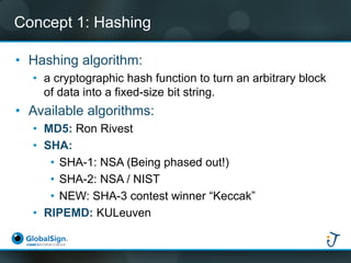 Concept 1: Hashing 
•Hashing algorithm: 
•a cryptographic hash function to turn an arbitrary block of data into a fixed-si...