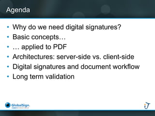 Agenda 
•Why do we need digital signatures? 
•Basic concepts… 
•… applied to PDF 
•Architectures: server-side vs. client-side 
•Digital signatures and document workflow 
•Long term validation  