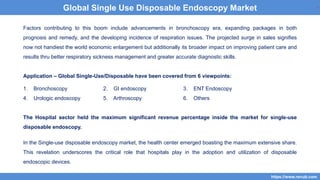 5
Factors contributing to this boom include advancements in bronchoscopy era, expanding packages in both
prognosis and remedy, and the developing incidence of respiration issues. The projected surge in sales signifies
now not handiest the world economic enlargement but additionally its broader impact on improving patient care and
results thru better respiratory sickness management and greater accurate diagnostic skills.
Application – Global Single-Use/Disposable have been covered from 6 viewpoints:
1. Bronchoscopy 2. GI endoscopy 3. ENT Endoscopy
4. Urologic endoscopy 5. Arthroscopy 6. Others
The Hospital sector held the maximum significant revenue percentage inside the market for single-use
disposable endoscopy.
In the Single-use disposable endoscopy market, the health center emerged boasting the maximum extensive share.
This revelation underscores the critical role that hospitals play in the adoption and utilization of disposable
endoscopic devices.
5
https://www.renub.com
5
Global Single Use Disposable Endoscopy Market
 