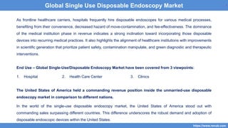6
As frontline healthcare carriers, hospitals frequently hire disposable endoscopes for various medical processes,
benefiting from their convenience, decreased hazard of move-contamination, and fee-effectiveness. The dominance
of the medical institution phase in revenue indicates a strong inclination toward incorporating those disposable
devices into recurring medical practices. It also highlights the alignment of healthcare institutions with improvements
in scientific generation that prioritize patient safety, contamination manipulate, and green diagnostic and therapeutic
interventions.
End Use – Global Single-Use/Disposable Endoscopy Market have been covered from 3 viewpoints:
1. Hospital 2. Health Care Center 3. Clinics
The United States of America held a commanding revenue position inside the unmarried-use disposable
endoscopy market in comparison to different nations.
In the world of the single-use disposable endoscopy market, the United States of America stood out with
commanding sales surpassing different countries. This difference underscores the robust demand and adoption of
disposable endoscopic devices within the United States.
6
https://www.renub.com
6
Global Single Use Disposable Endoscopy Market
 