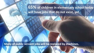 65% of children in elementary school today
will have jobs that do not exist, yet.
U.S. Department of Labor report.
Many of public servant jobs will be replaced by machines.
 