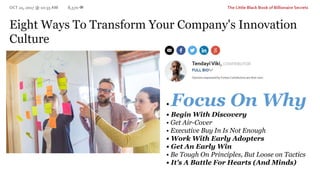 • Focus On Why
• Begin With Discovery
• Get Air-Cover
• Executive Buy In Is Not Enough
• Work With Early Adopters
• Get An Early Win
• Be Tough On Principles, But Loose on Tactics
• It's A Battle For Hearts (And Minds)
 