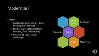Modernize?
• How
• Application assessment – Data,
Security, Current state
• Define Target state: Platform,
Services, Tools, Monitoring
• Refactor to take “Cloud”
advantage
Lift &
Shift
Re-Think
SaaSConsume
PaaS Modernize
 