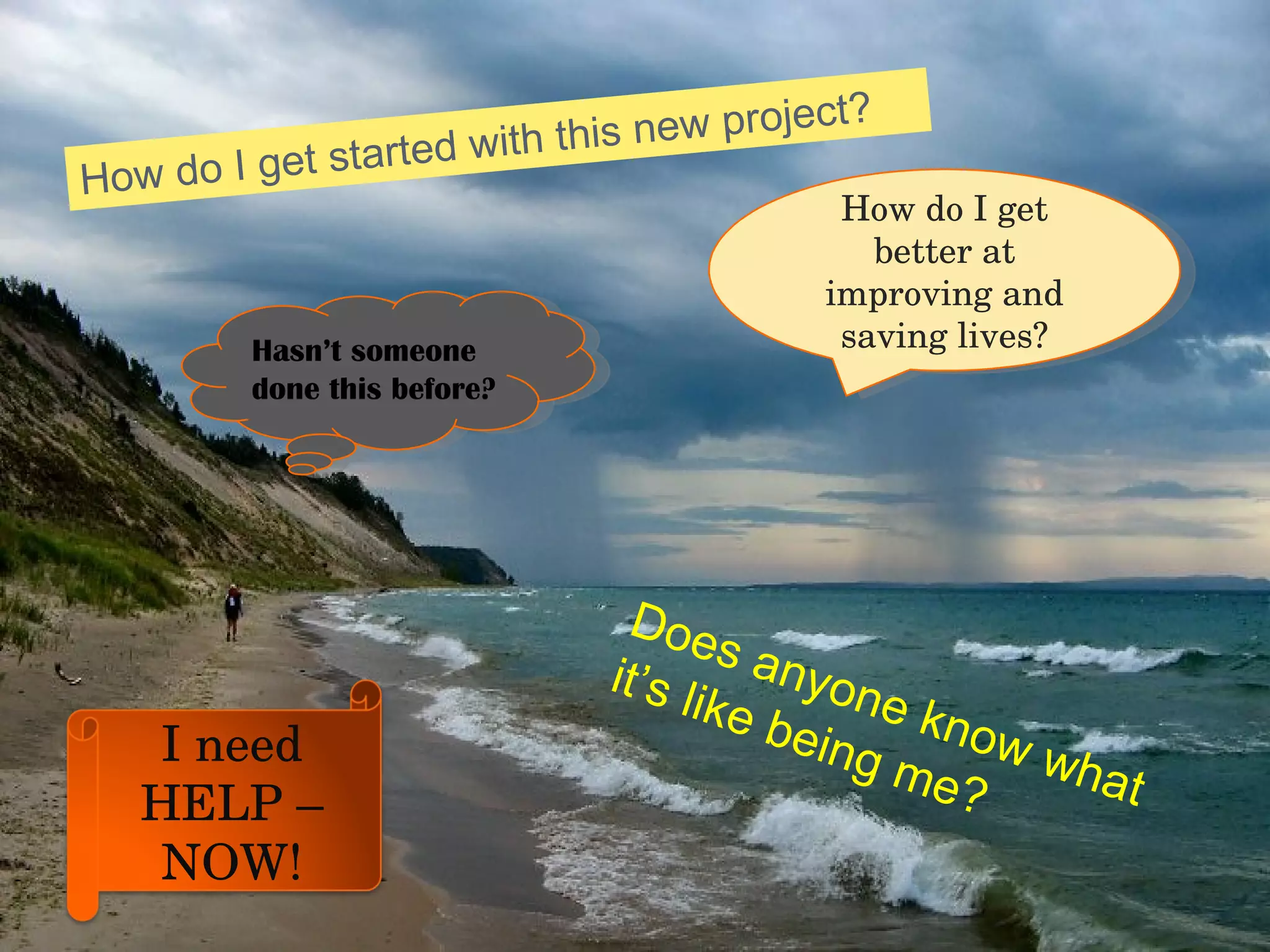 How do I get started with this new project? Does anyone know what it’s like being me? How do I get better at improving and saving lives? Hasn’t someone done this before? I need HELP – NOW! 