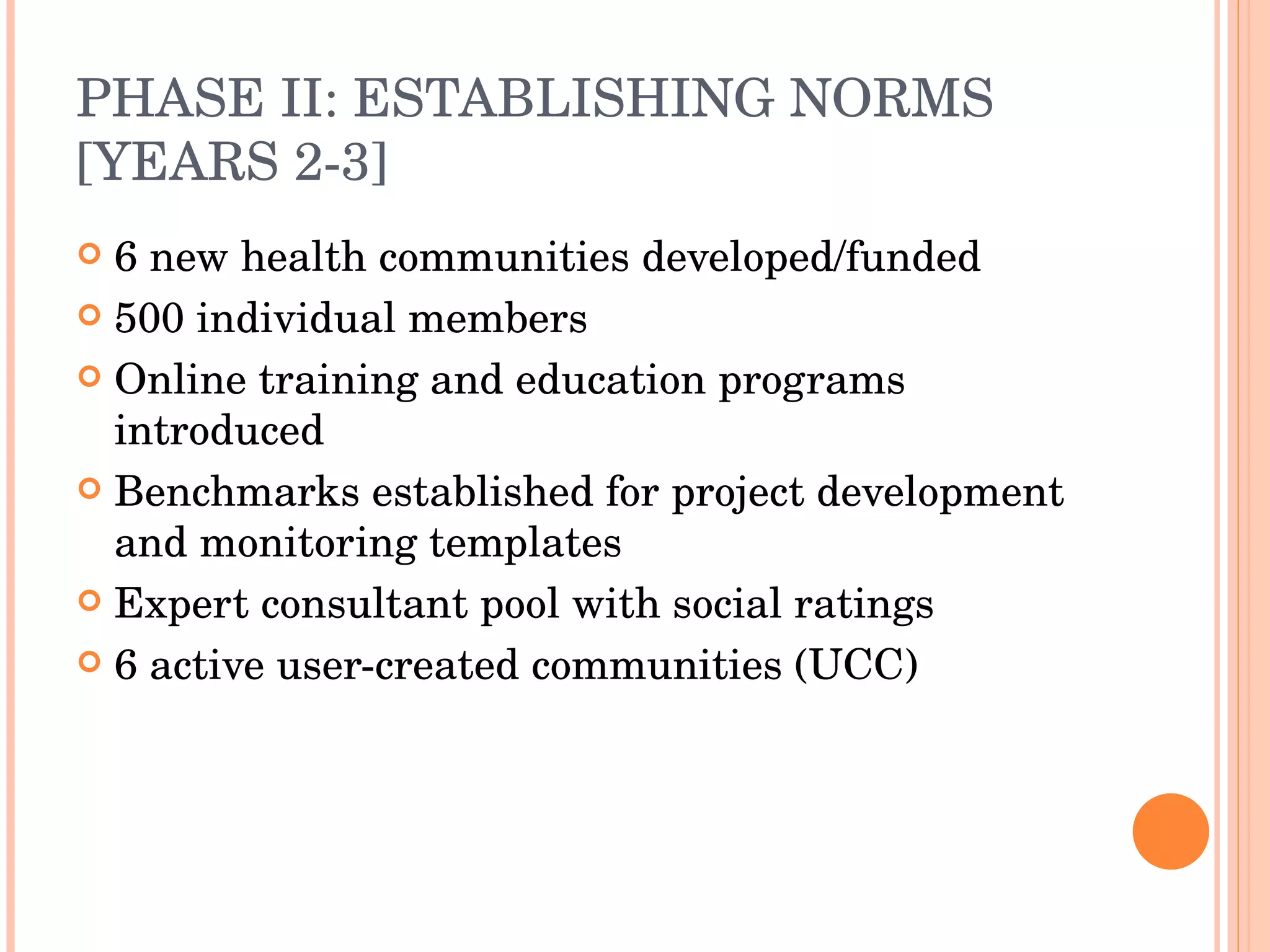 PHASE II: ESTABLISHING NORMS [YEARS 2-3] 6 new health communities developed/funded 500 individual members Online training and education programs introduced Benchmarks established for project development and monitoring templates Expert consultant pool with social ratings 6 active user-created communities (UCC) 