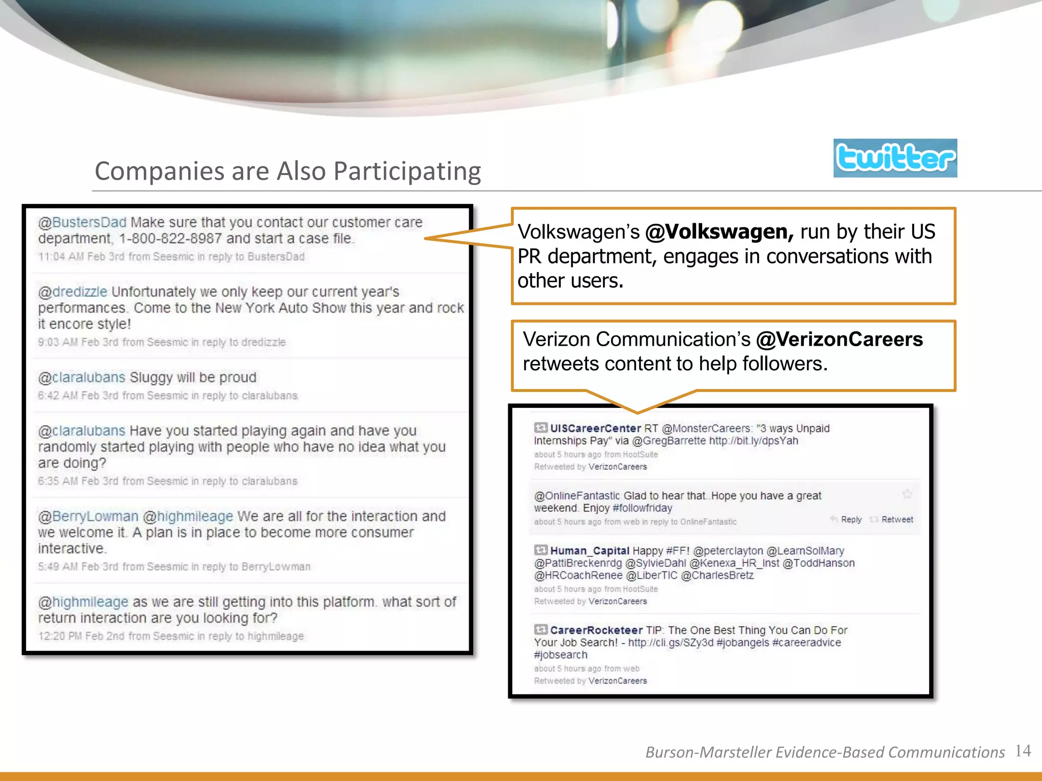 Companies are Also Participating

                                   Volkswagen’s @Volkswagen, run by their US
                                   PR department, engages in conversations with
                                   other users.

                                   Verizon Communication’s @VerizonCareers
                                   retweets content to help followers.




                                                Burson-Marsteller Evidence-Based Communications 14
 