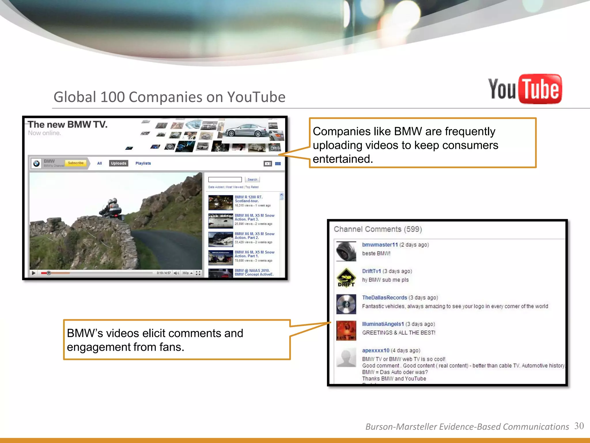Global 100 Companies on YouTube

                                    Companies like BMW are frequently
                                    uploading videos to keep consumers
                                    entertained.




 BMW’s videos elicit comments and
 engagement from fans.




                                             Burson-Marsteller Evidence-Based Communications 30
 