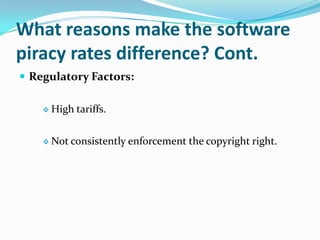 What reasons make the software piracy rates difference? Cont.Regulatory Factors:High tariffs.