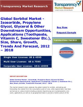 Transparency Market Research



Global Sorbitol Market -
Isosorbide, Propylene
Glycol, Glycerol & Other                                                  Buy Now
Downstream Opportunities,
                                                                         Request Sample
Applications (Toothpaste,
Vitamin C, Sweetener Etc.),                                           Published Date: Feb 2013
Size, Share, Growth,
Trends And Forecast, 2012
– 2018                                                                         133 Pages Report


 Single User License: US $ 4595

 Multi User License: US $ 7595

 Corporate User License: US $ 10595



     REPORT DESCRIPTION

     Global Sorbitol Market - Isosorbide, Propylene Glycol, Glycerol & Other
     Downstream Opportunities, Applications (Toothpaste, Vitamin C, Sweetener Etc.),
     Size, Share, Growth, Trends And Forecast, 2012 – 2018

     The market research study analyzes the global market for sorbitol, estimating and
     forecasting the market from the consumption point of view, while segmentation has been
     carried out on various levels including products (liquid/syrup and crystal/powder), end
     users, applications, as well as on geographical basis to provide a holistic picture of the
 