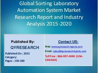 Global Sorting Laboratory
Automation System Market
Research Report and Industry
Analysis 2015-2020
Published By:
QYRESEARCH
Published On : 2015
Category:
Pages : 130-180
Contact US:
Web: www.qyresearchreports.com
Email: sales@qyresearchreports.com
Toll Free : 866-997-4948 (USA-
CANADA)
 