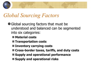 Global Sourcing Factors Global sourcing factors that must be understood and balanced can be segmented into six categories: Material costs Transportation costs Inventory carrying costs   Cross-border taxes, tariffs, and duty costs Supply and operational performance Supply and operational risks 