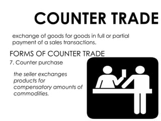 COUNTER TRADE
exchange of goods for goods in full or partial
payment of a sales transactions.
FORMS OF COUNTER TRADE
7. Counter purchase
the seller exchanges
products for
compensatory amounts of
commodities.
 