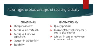 Advantages & Disadvantages of Sourcing Globally
ADVANTAGES:
 Cheap manpower
 Access to raw materials
 Access to distinctive
capabilities
 Increase in productivity
 Scalability
DISADVANTAGES:
 Quality problems
 Loss of intellectual uniqueness
due to globalization
 Job loss in case of movement
to another nation
 