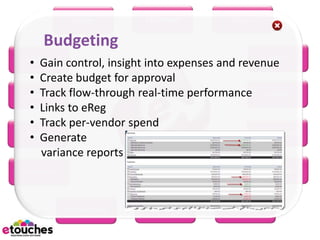 eReg         eConnect          eScan

    Budgeting
                                                 eRFP
 • Gain
eHome    control, insight into expenses and revenue
  • Create budget for approval
  • Track flow-through real-time performance eWiki
 eBooth
  • Links to eReg
  • Track per-vendor spend
                                               eMarketing
  • Generate
eBudget

    variance reports
eSurvey                                              eMobile



          eScheduler      eSeating        eProject
 