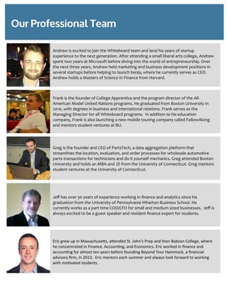Andrew is excited to join the Whiteboard team and lend his years of startup
experience to the next generation. After attending a small liberal arts college, Andrew
spent two years at Microsoft before diving into the world of entrepreneurship. Over
the next three years, Andrew held marketing and business development positions in
several startups before helping to launch benja, where he currently serves as CEO.
Andrew holds a Masters of Science in Finance from Harvard.
Frank is the founder of College Apprentice and the program director of the All-
American Model United Nations programs. He graduated from Boston University in
2010, with degrees in business and international relations. Frank serves as the
Managing Director for all Whiteboard programs. In addition to his education
company, Frank is also launching a new mobile touring company called FollowAlong
and mentors student ventures at BU.
Greg is the founder and CEO of PartsTech, a data aggregation platform that
streamlines the location, evaluation, and order processes for wholesale automotive
parts transactions for technicians and do it yourself mechanics. Greg attended Boston
University and holds an MBA and JD from the University of Connecticut. Greg mentors
student ventures at the University of Connecticut.
Jeff has over 30 years of experience working in finance and analytics since his
graduation from the University of Pennsylvania Wharton Business School. He
currently works as a part time COO/CFO for small and medium sized businesses. Jeff is
always excited to be a guest speaker and resident finance expert for students.
Eric grew up in Massachusetts, attended St. John's Prep and then Babson College, where
he concentrated in Finance, Accounting, and Economics. Eric worked in finance and
accounting for almost ten years before founding Beyond Your Hammock, a financial
advisory firm, in 2013. Eric mentors each summer and always look forward to working
with motivated students.
 