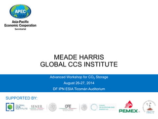 MEADE HARRIS 
GLOBAL CCS INSTITUTE 
Advanced Workshop for CO2 Storage 
August 26-27, 2014 
DF IPN ESIA Ticomán Auditorium 
SUPPORTED BY: 
 