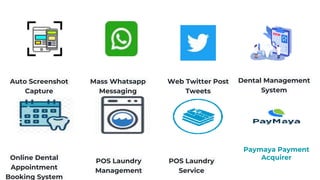 Auto Screenshot
Capture
Mass Whatsapp
Messaging
Web Twitter Post
Tweets
Dental Management
System
Online Dental
Appointment
Booking System
POS Laundry
Management
POS Laundry
Service
Paymaya Payment
Acquirer
 