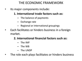THE ECONOMIC FRAMEWORK
• Its major components include:
1. International trade factors such as:
– The balance of payments
– Exchange rate
– Regional or international groupings
• Each facilitates or hinders business in a foreign
market.
2. International financial factors such as:
– The IMF
– The WB
– The UNDP
• The role each plays facilitates or hinders business
 