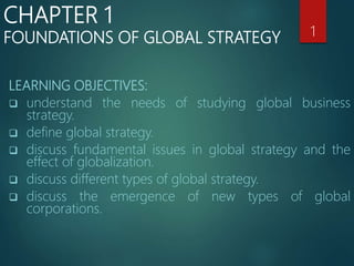 LEARNING OBJECTIVES:
 understand the needs of studying global business
strategy.
 define global strategy.
 discuss fundamental issues in global strategy and the
effect of globalization.
 discuss different types of global strategy.
 discuss the emergence of new types of global
corporations.
1
CHAPTER 1
FOUNDATIONS OF GLOBAL STRATEGY
 